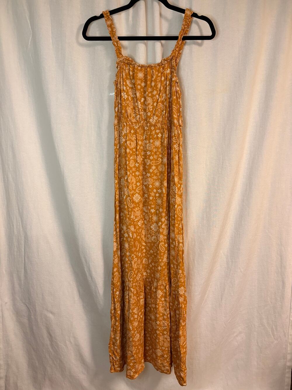 Pink Rose Mustard Paisley Boho Tiered Maxi Dress Size S